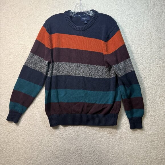Lands End Men's Large Sweater Drifter Pullover Striped 100% Cotton Blue Orange - Picture 1 of 7